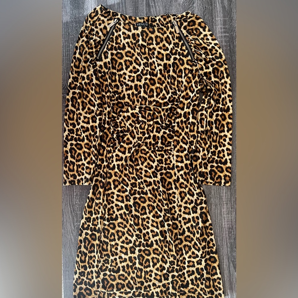 Leopard Print Long Sleeve Dress with Gold Zipper Accents | Size Large